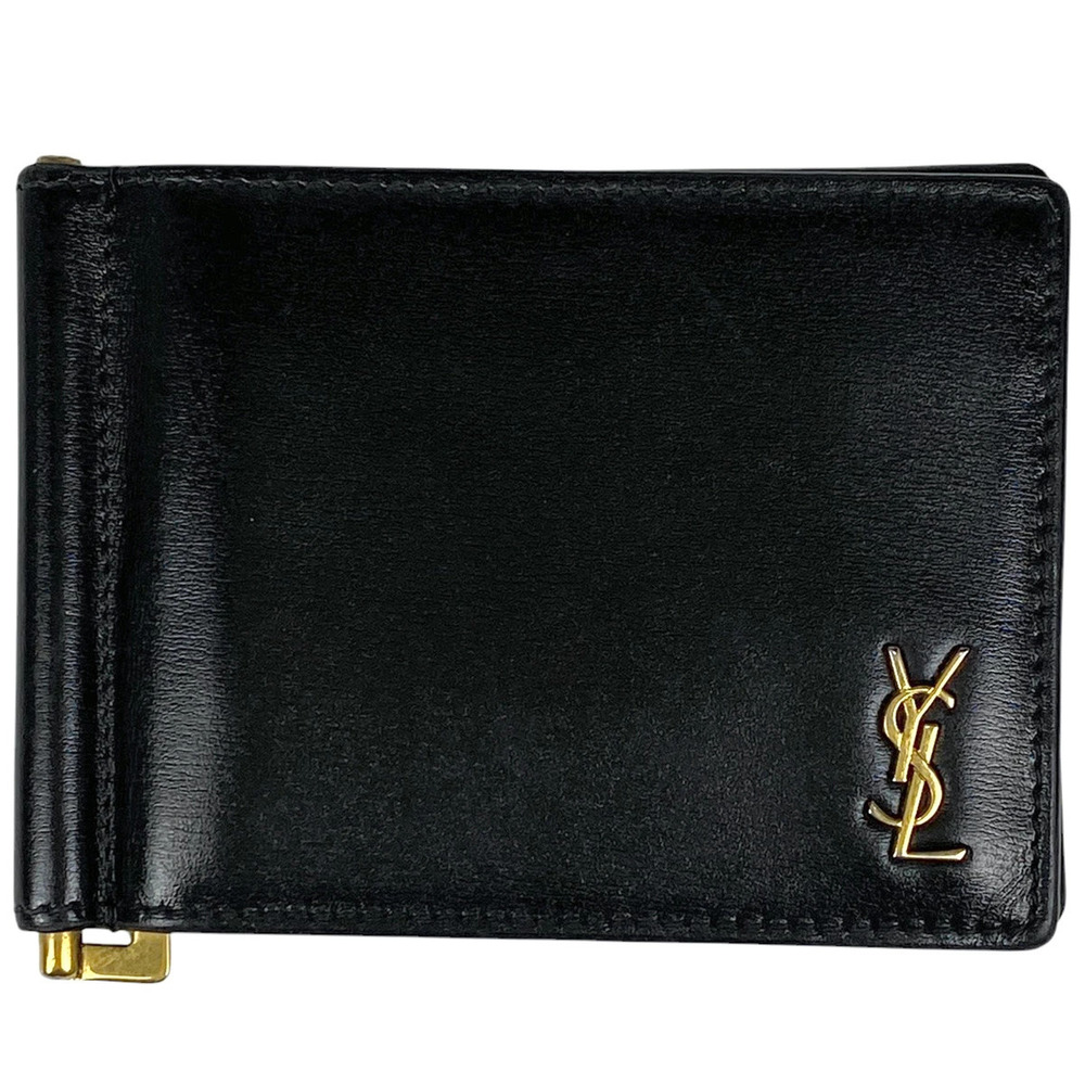 Saint Laurent Yves Cassandra Bill Clip Wallet Short Money Bi fold Leather Black
